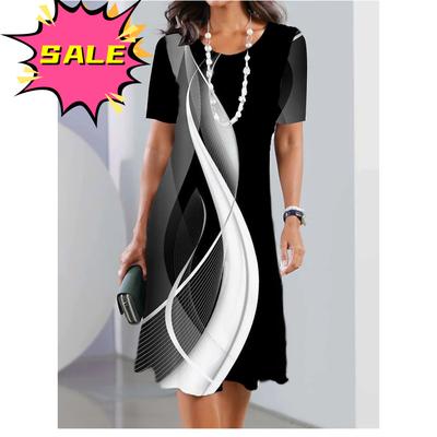 Abiti da Donna a Strisce Stampati Eleganti Casual Scollo a O Manica Corta Abiti Estivi