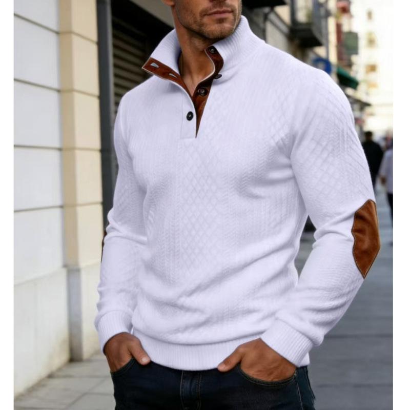 Men Stand Collar Elbow Patch Jacquard Casual Knit Sweater