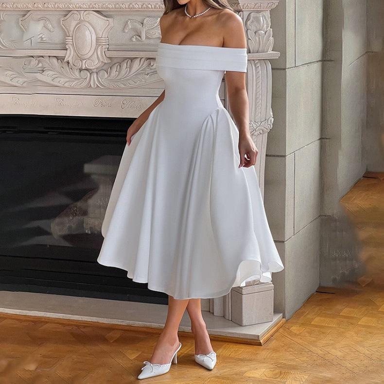 Women's European & American Off-the-Shoulder Backless Dress - Solid Color, Long and Sexy Fashion Style (2026 In Stock)