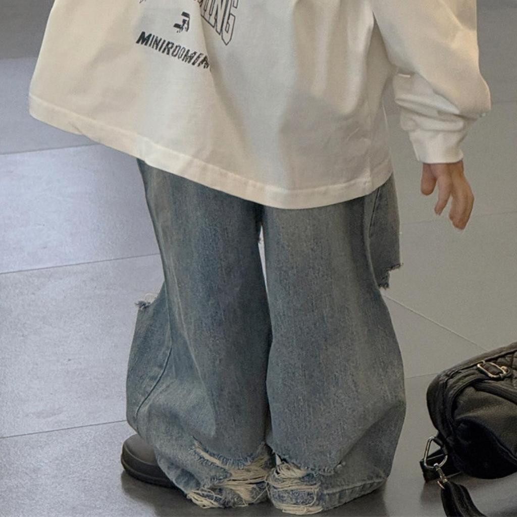 Wood Sheep Spring 2025 Kids' Wide-Leg Jeans with Ripped Hems - Trendy for Boys and Girls