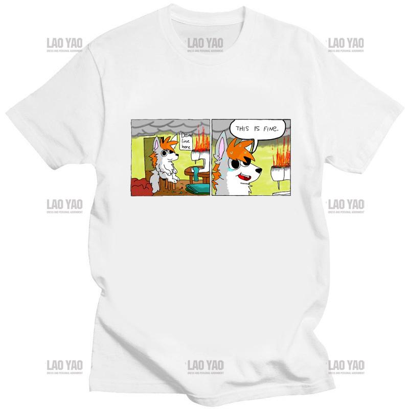 Men Casual T Shirt This Is Fine Meme TShirt for Men Crew Neck Fashion Tops Kawaii Dog Graphic Tees Oversized T Shirt Shirts