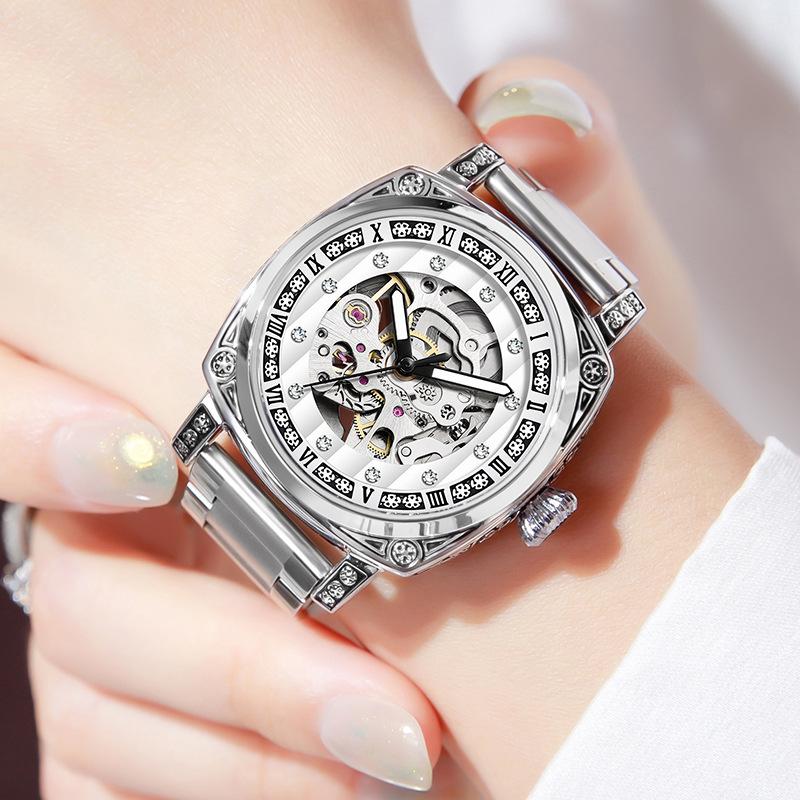 Fully Automatic Mechanical Tide Watch Fashion Trend Engraved Diamond-Encrusted Leather Strap Hand Luminous Waterproof Men'S And Women'S Watch