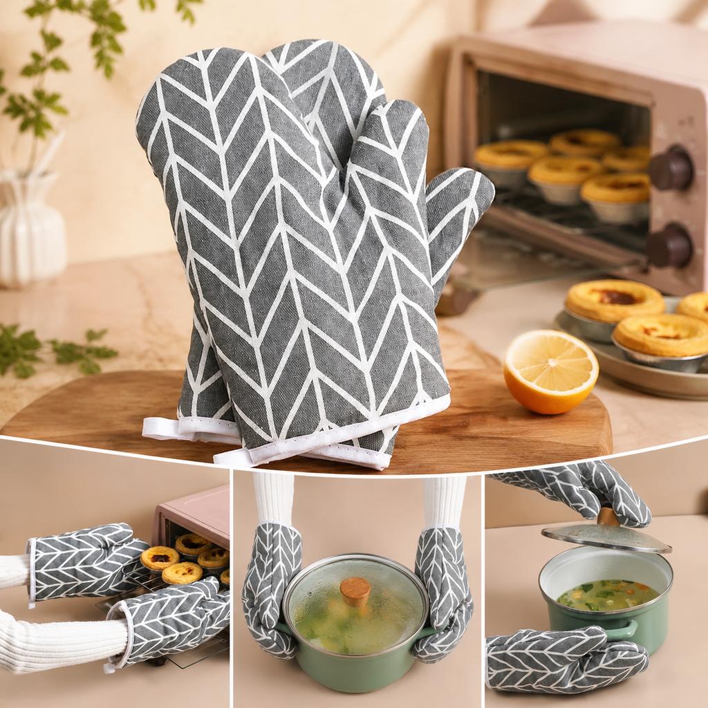 Oven Mitts Pair, Gray White Chevron Heat Resistant Kitchen Gloves for Baking, Cooking, Microwave and Hot Cookware Handling