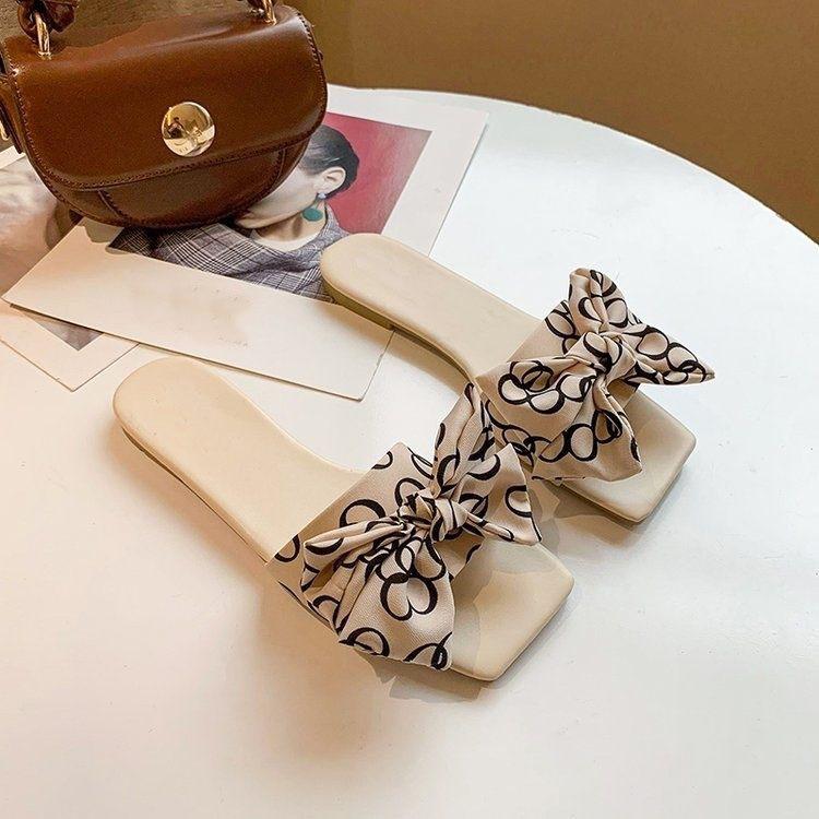 3 color bowknot Women s Design Slide Sandals, Casual Square Open Toe Flat Summer Shoes, Lightweight Slide Sandals 36 слоновая кость