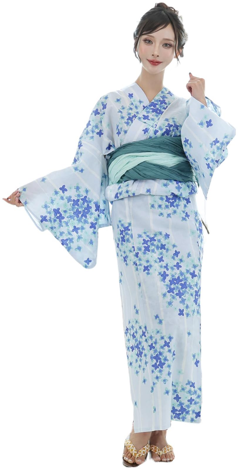 

Yukata Cute Japanese Heiko Thong Geta Free Size [RAVIR] Women s 3-Piece Set, Hydrangea, Temari-like, Clothing, Fluffy, Obi, Set, Green,