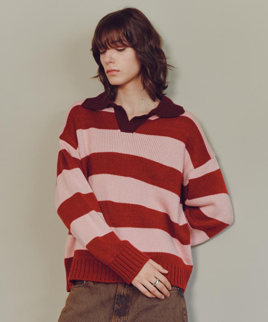KNITTED Open Collar Striped Knit Red