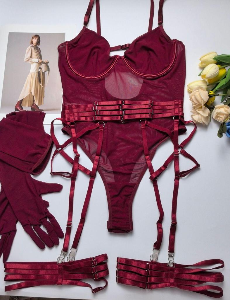 "European & American Sexy Mesh Lingerie Set: Strappy, Slim Fit, with Gloves – Hot Seller"