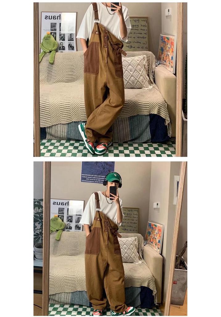 Men's Japanese Retro Reversible Neutral Overalls - Orange & Brown, Loose-Fit, Couple's Style.