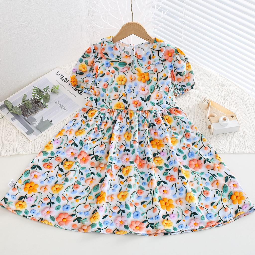 Resort Style Children's Clothing Summer Style Children's Cotton Silk Doll Collar Princess Dress Girls Artificial Cotton Floral Dress