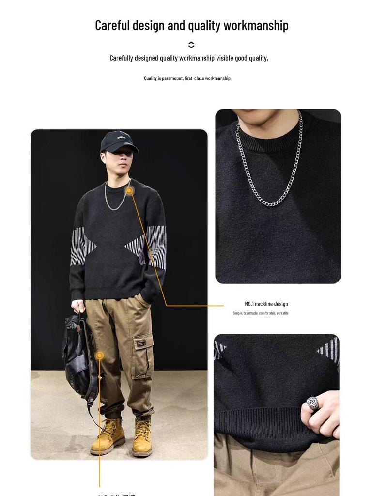 Herren Retro Patchwork Colorblock Strickpullover – Lockerer Casual Winterstil