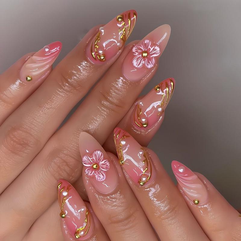 24PCS Sweet Pink Almond Press on Nails Golden Border Flowers Patterns French False Nails for Spice Girls Wearable Nail Manicure