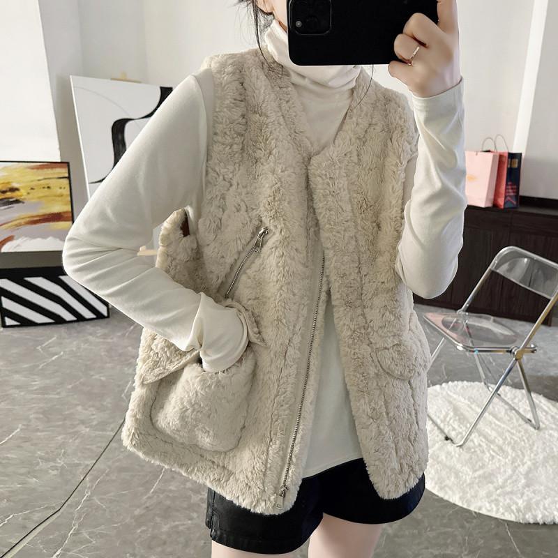 

Жилет из овечьей шерсти, женская осенне-зимняя корейская версия свободного покроя, жилет, цельный меховой жилет, куртка из плюша XL бежевый
