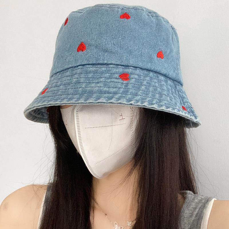 Love denim bucket hat women's old retro versatile big head circumference basin hat showing face small bucket hat