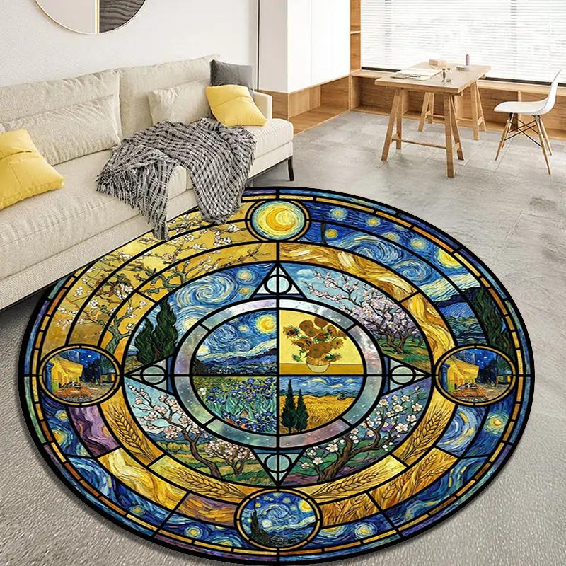 Mandala Famous Painting Round Area Rug,Carpet Rug for Living Room Bedroom Sofa Playroom Decor,Non-slip Floor Mat Q0024