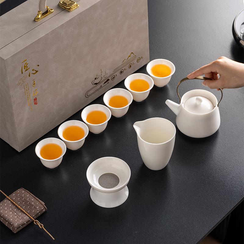 Suet Jade Light Luxury White Porcelain Kung Fu Tea Set, a Complete Set of Beam Pots, High-end Souvenir Gifts, Gift Boxes, Boutique Products