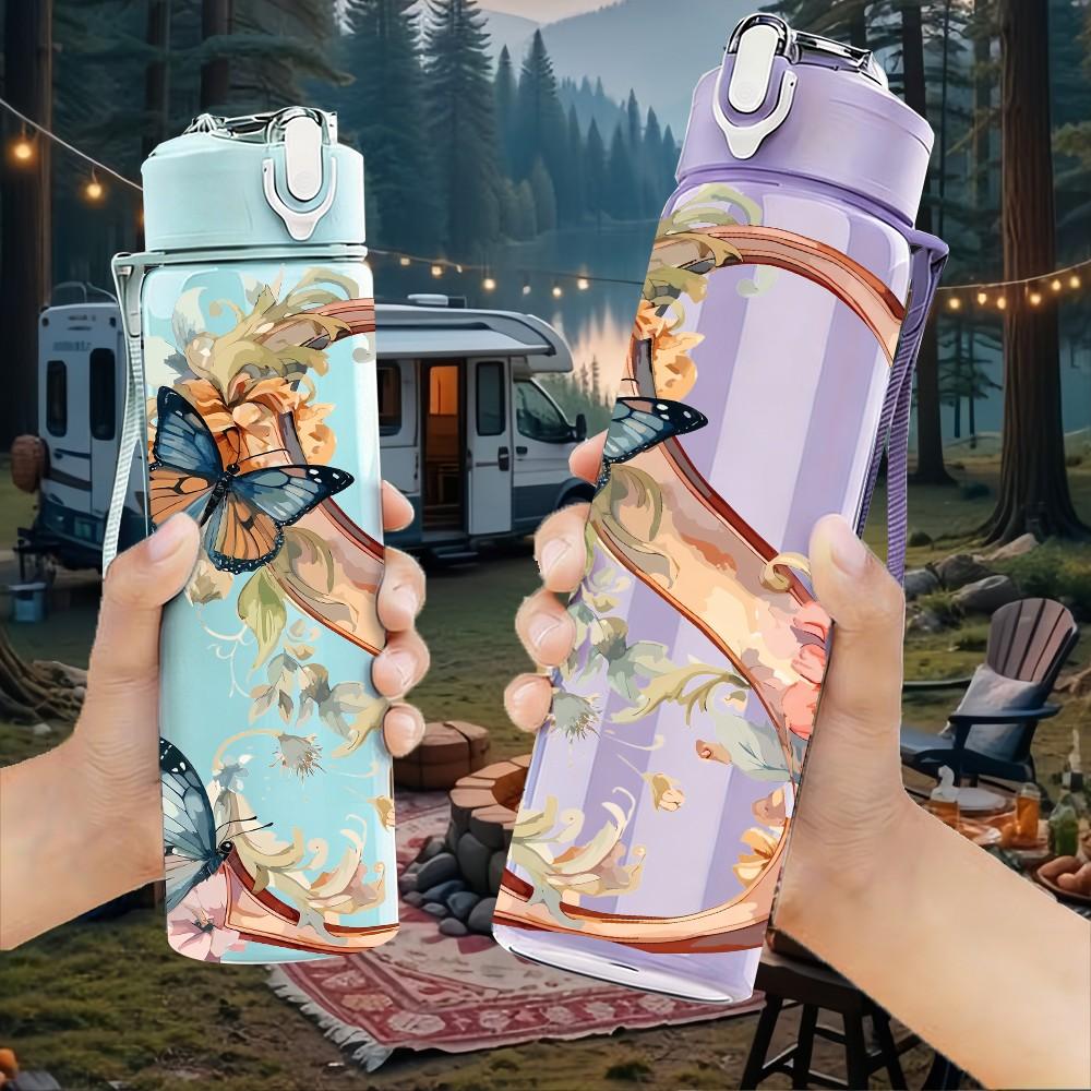 1PC Floral Letter S Soft Vintage Flower Art 750ml Color Plastic Sports Water Bottle Leakproof Flip Straw Lid Suitable for Sports Office Home Use