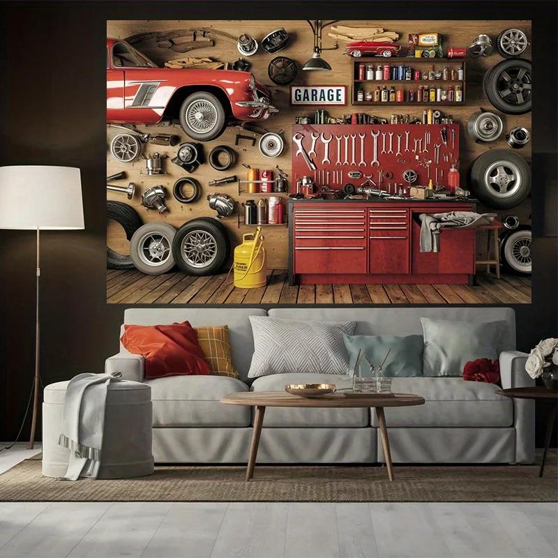 Retro Banner for Workshop or Garage Party | Decorative Polyester Background | Classic Car Design and Toolbox | Car Decorations