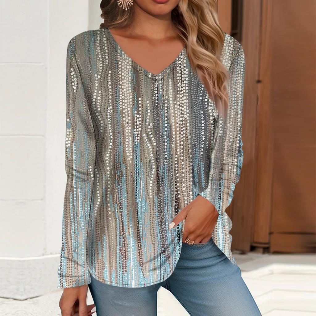 Women's T Shirt Tee Print Long Sleeve Daily Weekend Daily Basic V Neck Regular  Fall Winter Tops
