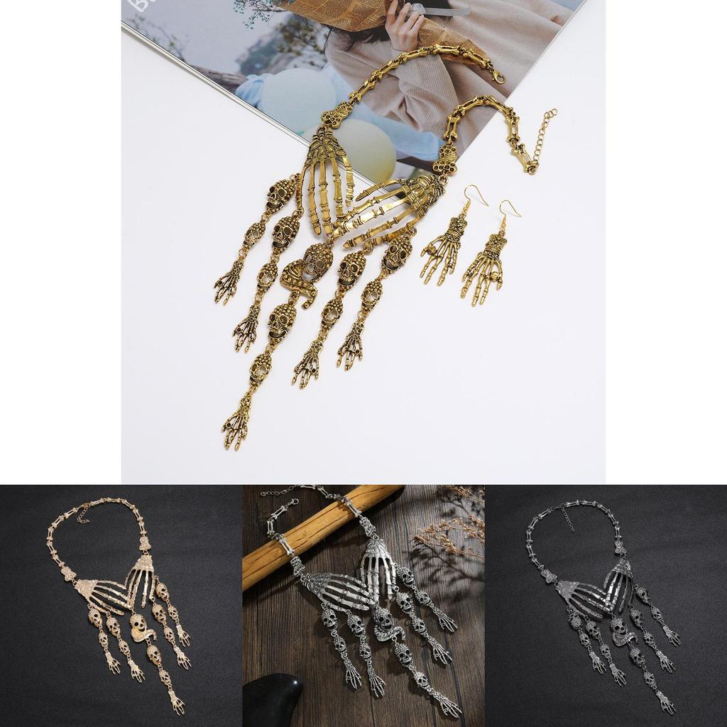 Fashion Hand Bone Women Necklace And Earring Set With Skeleton Tassel Design For Gothic Party Accessories