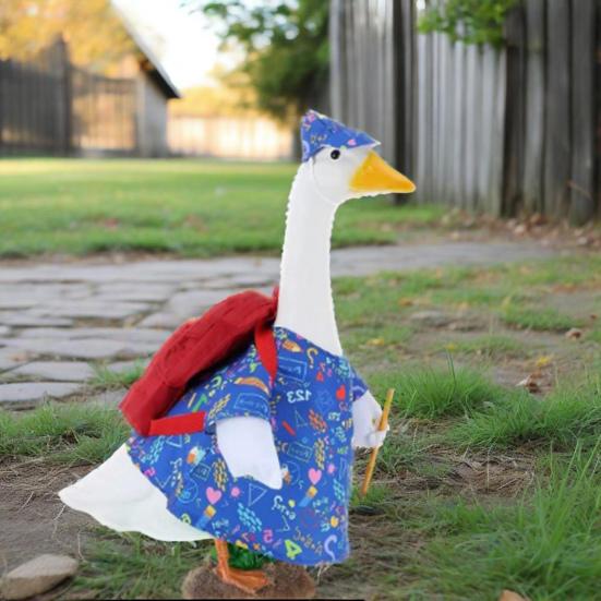 4Pcs/Set Back To School Porch Goose Outfits Outdoor Garden Lawn Yard Goose Statue Printed Dress Red Hat Backpack Pencil Dress-up Clothing