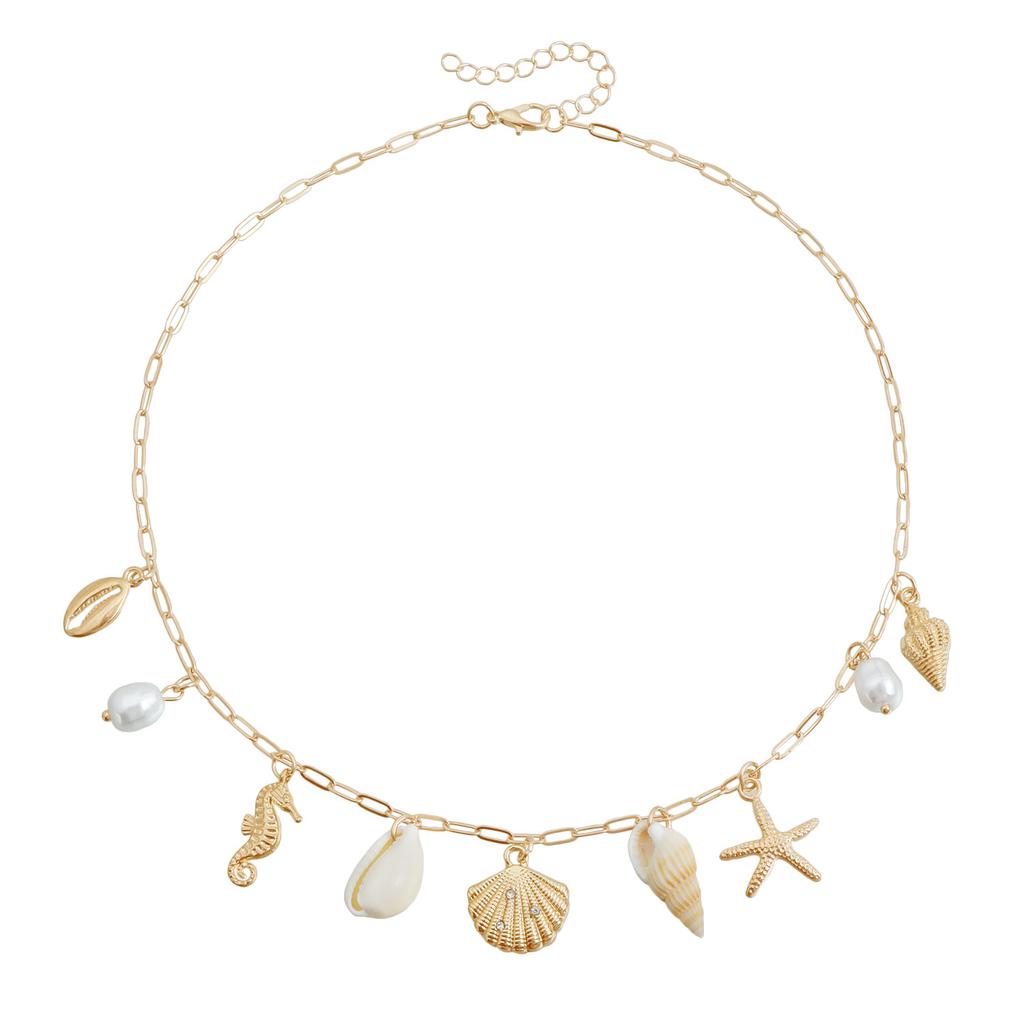 Summer Ocean Elements Starfish Shell Conch Pearl Tassel Choker Necklace for Women Bohemia Casual Beach Vacation Outfit Jewelry