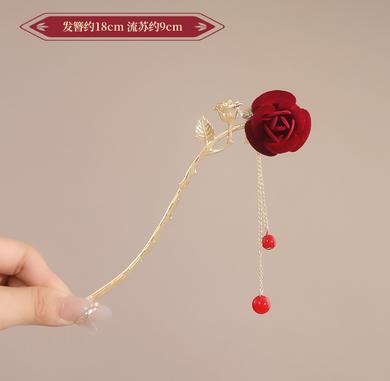 Chinese Style Rose Flower Hair Stick Hairpin For Women Red Flower Hair Comb Handmade Metal Alloy Headwear Girls Hair Accessories