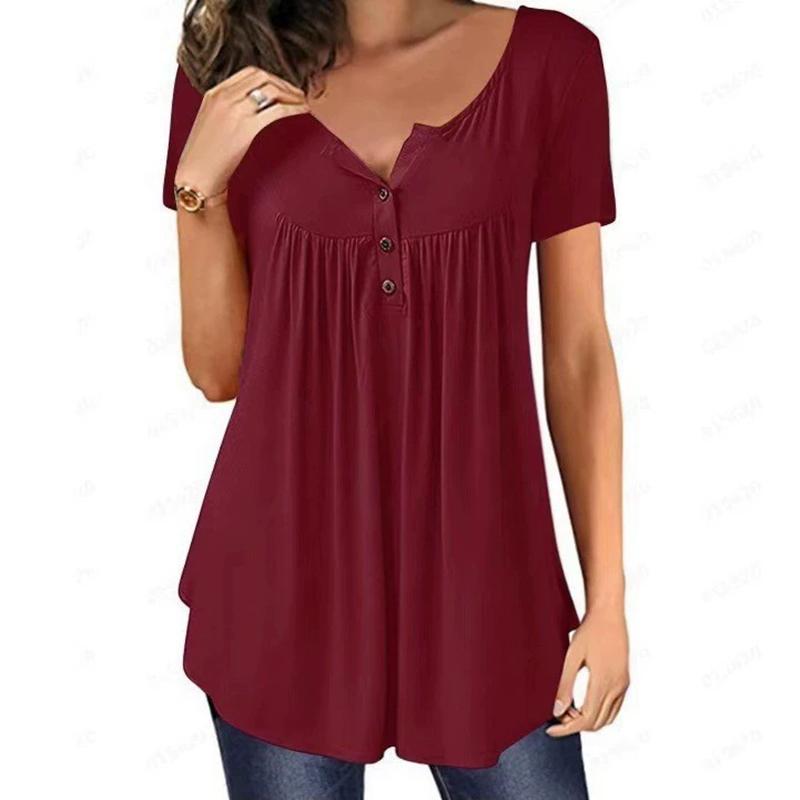 Summer T Shirt Women Pure Color Round Button Short Sleeve Loose Single-Breasted Plait T-Shirt Female Tees Tshirts