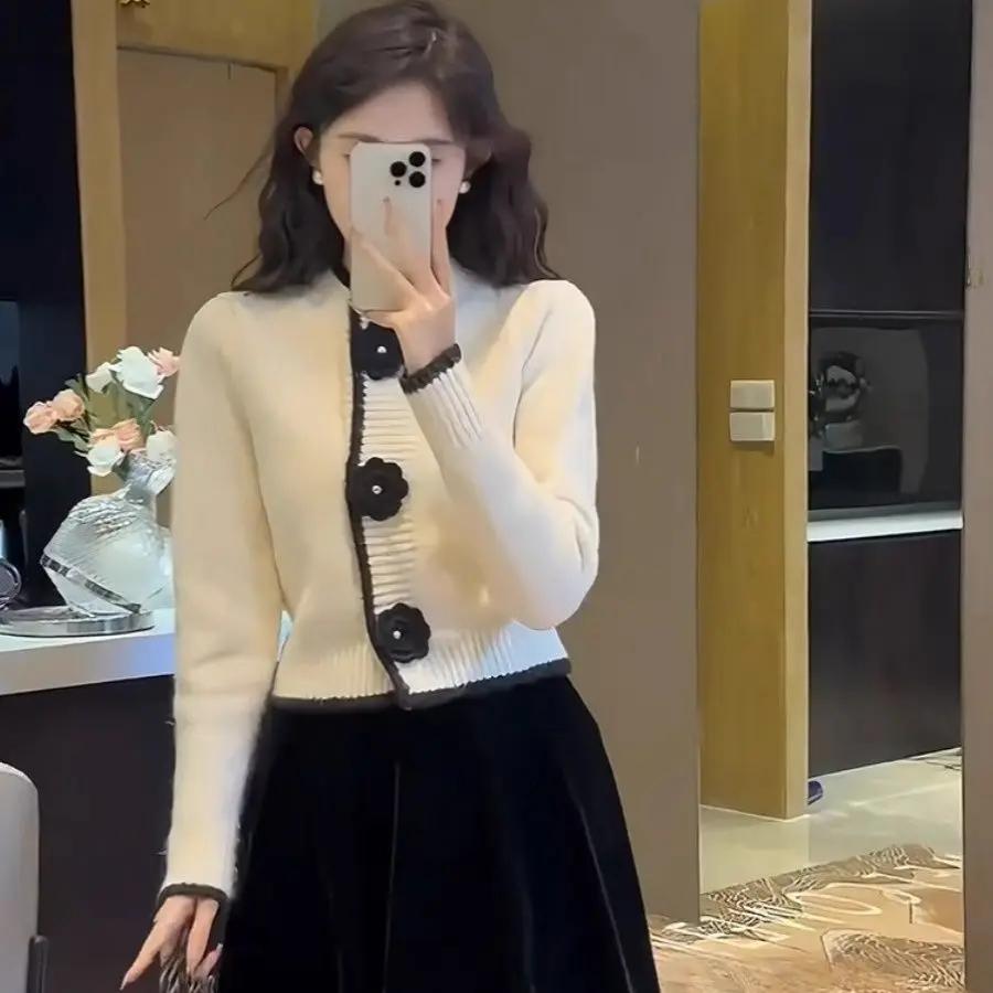 Cardigan French Sweet 3D Flower Knitted Cardigan Women Autumn Winter Vintage Color Contrast Slim Short Sweater Coat Fashion Tops