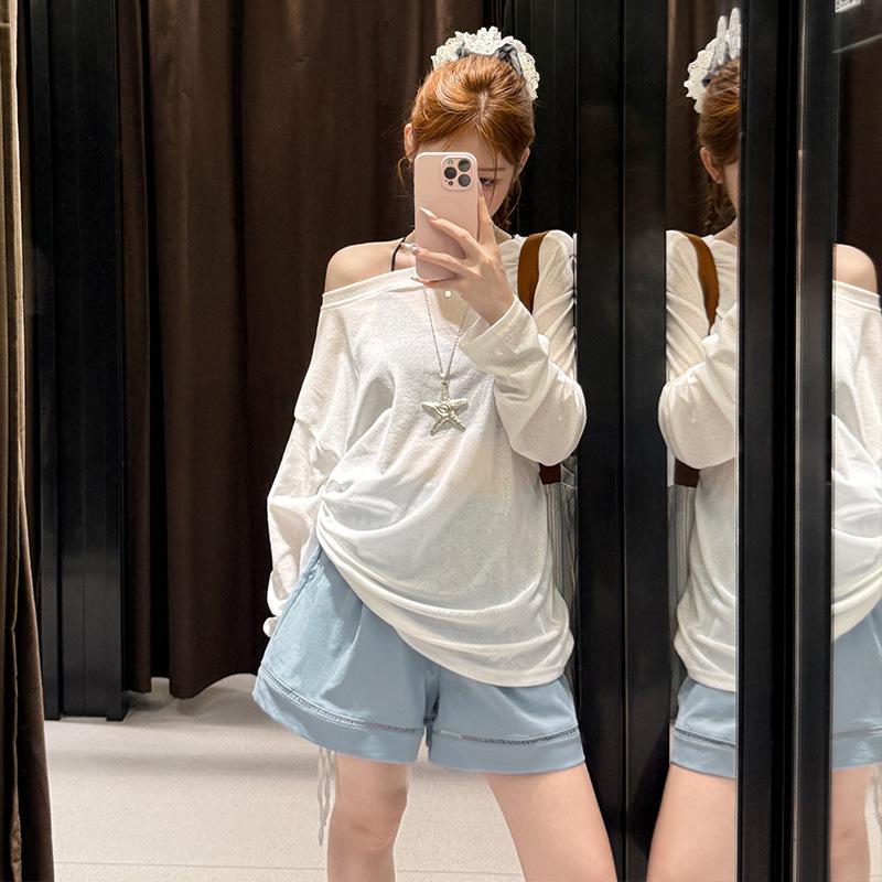 

Hollow splicing shorts women s summer new high-waisted loose casual wear sports five-point wide-leg pants XL синий