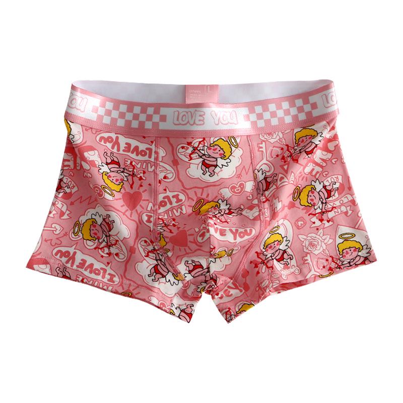 Men's Pink Cartoon Print Cotton Boxer Briefs - Mid-Waist, Breathable and Trendy