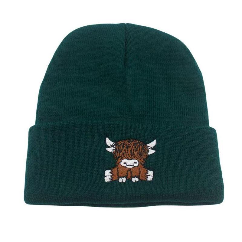 Autumn and winter pullover cold hat Scottish Highland cattle embroidered knitted hat neutral thermal knitted hat
