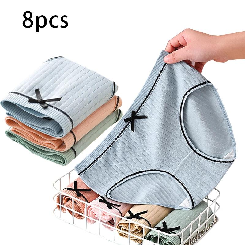 

8 шт. Сексуальное нижнее белье для девушек однотонное, студенческое милое, со средней посадкой, трусы, дышащее, мягкое женское белье, украшение бантом M (37-50kg)&8pcs