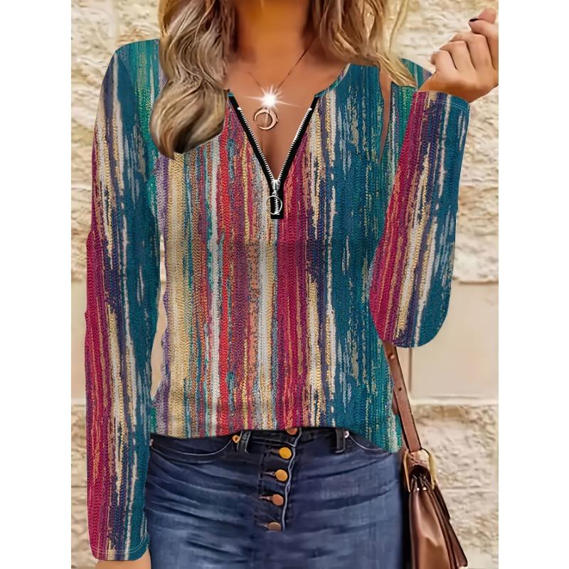 Mixed Color Imitation Knitted V-neck Zipper Top for Women with Retro Atmosphere Slimming Long-sleeved T-shirt