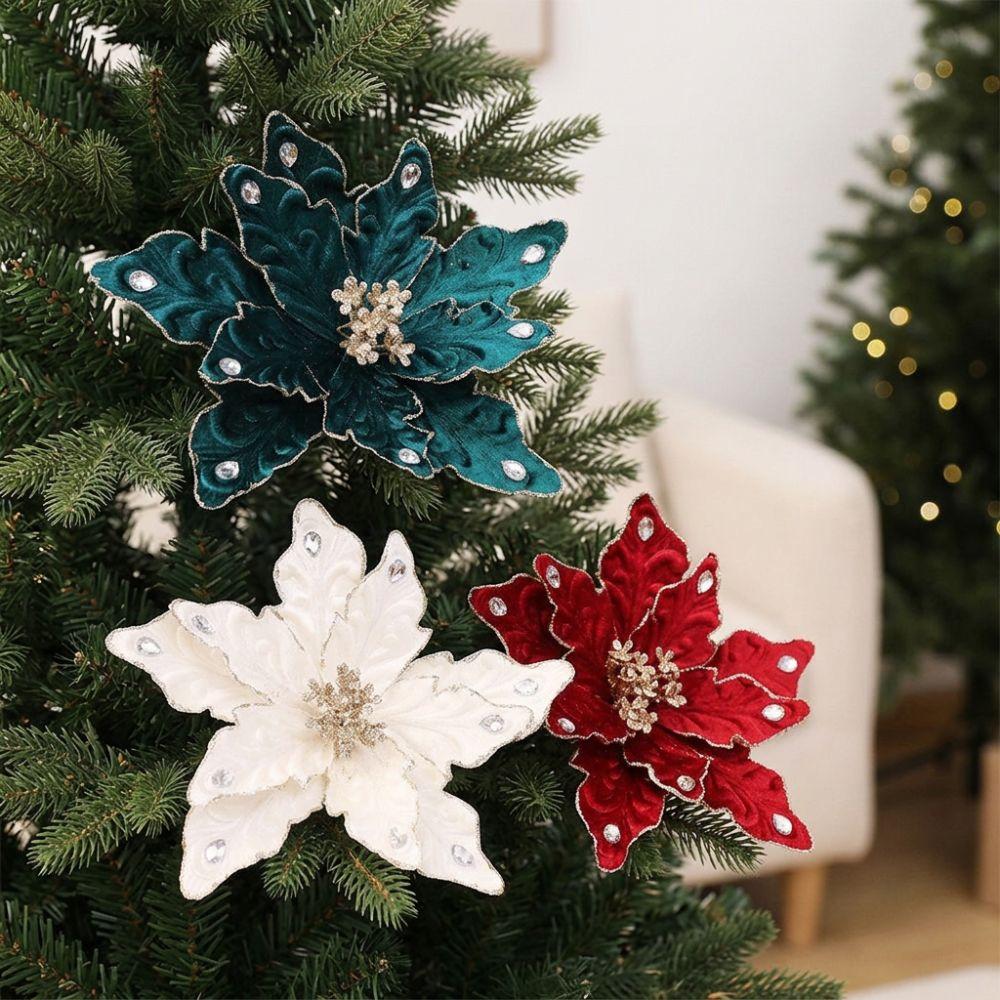 Lebensechte Samt-Weihnachtsstern-Steckelement Glitzernde Künstliche Weihnachtsblumen Feiertagsparty