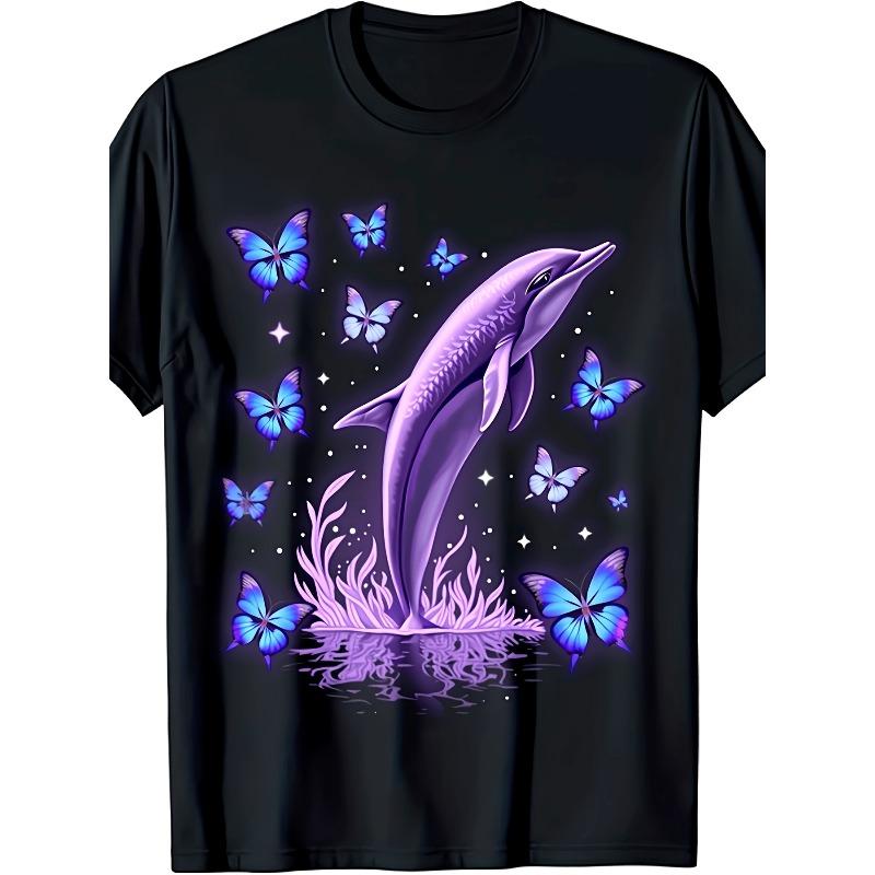 Plus Size - Plus Size - Plus Size Black T Shirt with Purple Dolphin And Blue Butterfly Patterns Unisex Casual Summer Patterned T Shirt Designed S чёрный