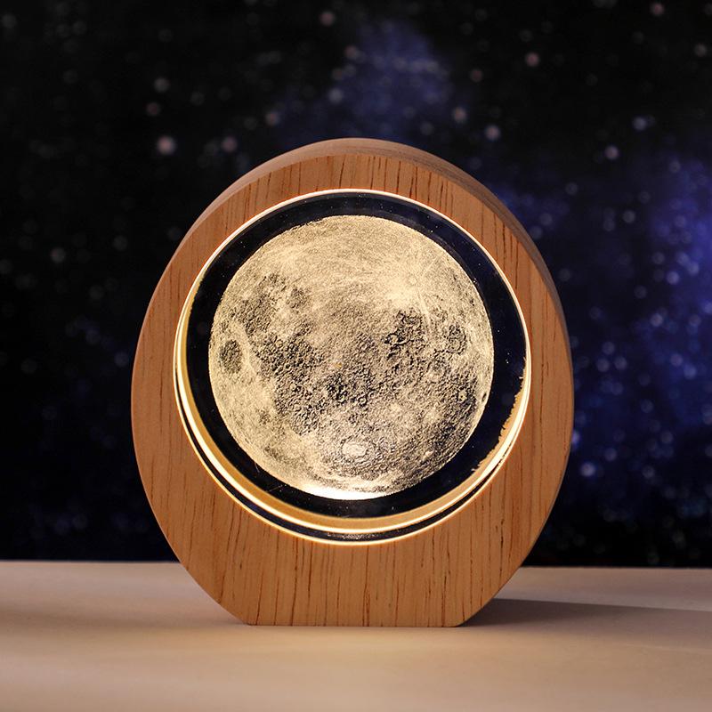 Planet Night Light 3D Inner Engraving Luminous Crystal Desktop Ornament Wooden Base