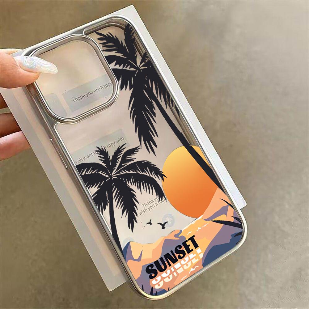 

Island Sunset Scenery Clear Case For iPhone 16 Pro Max Cases iPhone 17 11 12 13 14 15 Pro Max Plus Plating Drop Landscape Coque iPhone 12 Pro