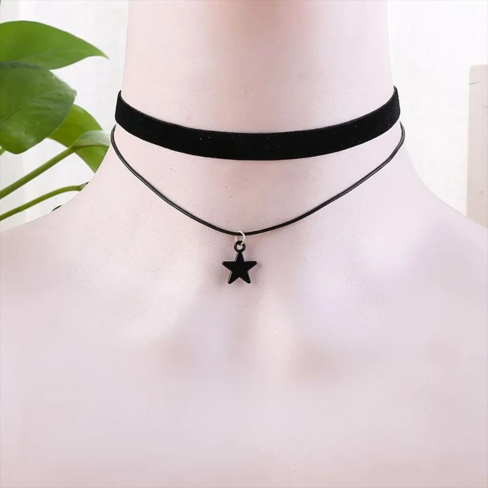 Simple Personalized Black Velvet Strap Choker Neck Strap Double Pentagram Pendant Choker Necklace Women's Accessories Ornaments