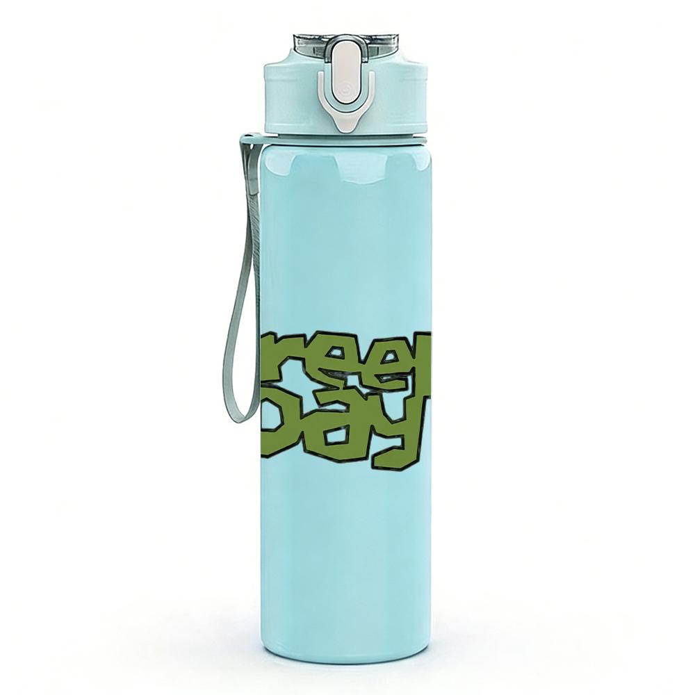 1PC Green Day Band Text Logo Print 750ml Colorful Plastic Sports Water Bottle Leakproof Pop Lid with Straw for Outdoor Office Home Use
