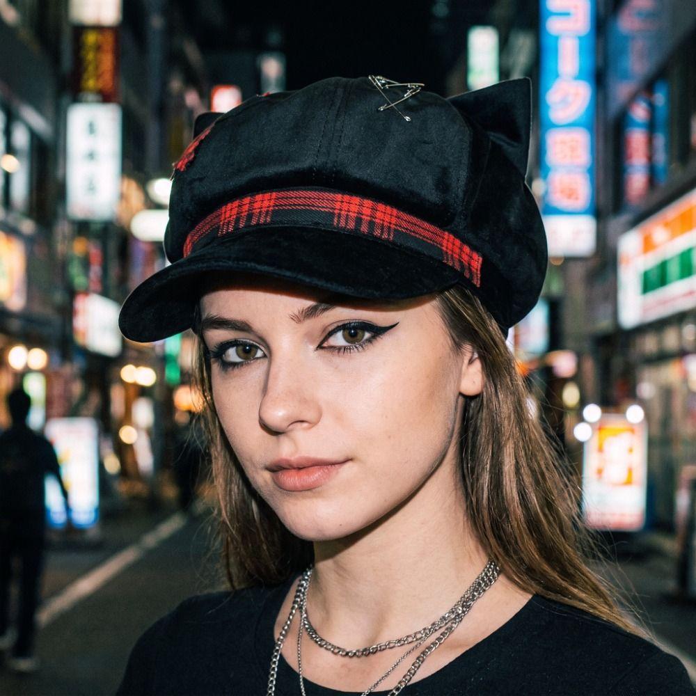 Y2K Plaid Octagonal Hat Irregular Painter Artist Cap Fashion Cat Ears Beret Hat Travel