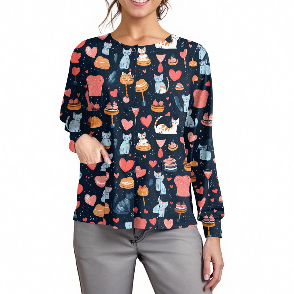 Jachetă Top Casual de Modă pentru Femei, cu Mâneci Lungi, Guler Înalt, cu Nasturi pe o Parte, Imprimeu Floral, pentru Îngrijitor