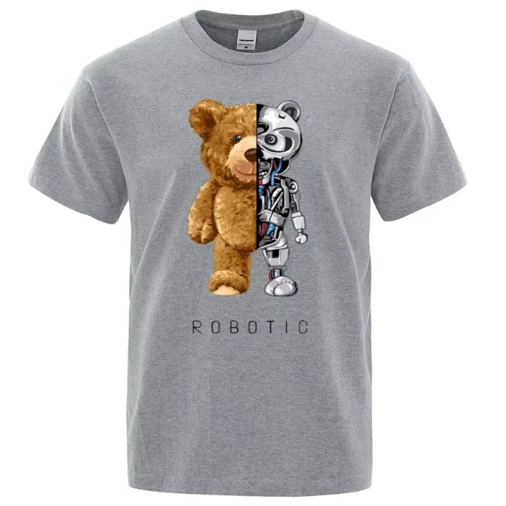 Funny Teddy Bear Robot Graphic Print Tshirt Men Short Sleeve Fashion Casual Clothes Summer Cotton Tees Oversized Street T-Shirts