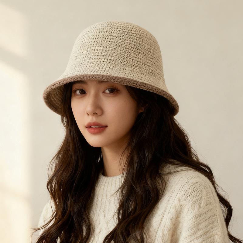 Вязаная панама женская большой обхват головы вельветовая панама женская простая универсальная цветовое сочетание маленькая панама M（56-58cm） бежевый