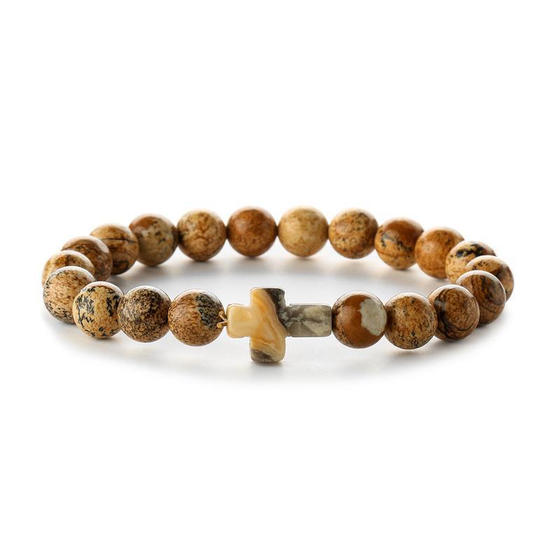 Bedel Natuursteen Armband Kruis Zwarte Lavasteen Kralen Armbanden Handgemaakt Mannen Vrouwen Gebed Fitness Ketting Koppel Sieraden Cadeau