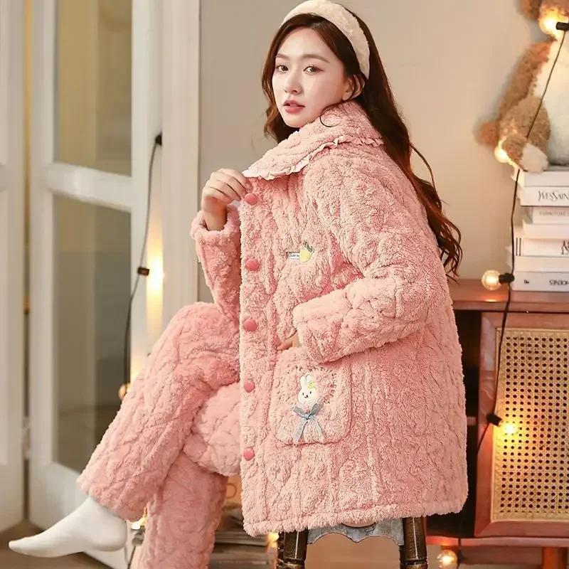 Winter New Women Pajamas Coral Fleece Cotton-Padded Jacket Warm Fleece-Lined Suit Loose Comfortable Home Wear Coat Emboitement