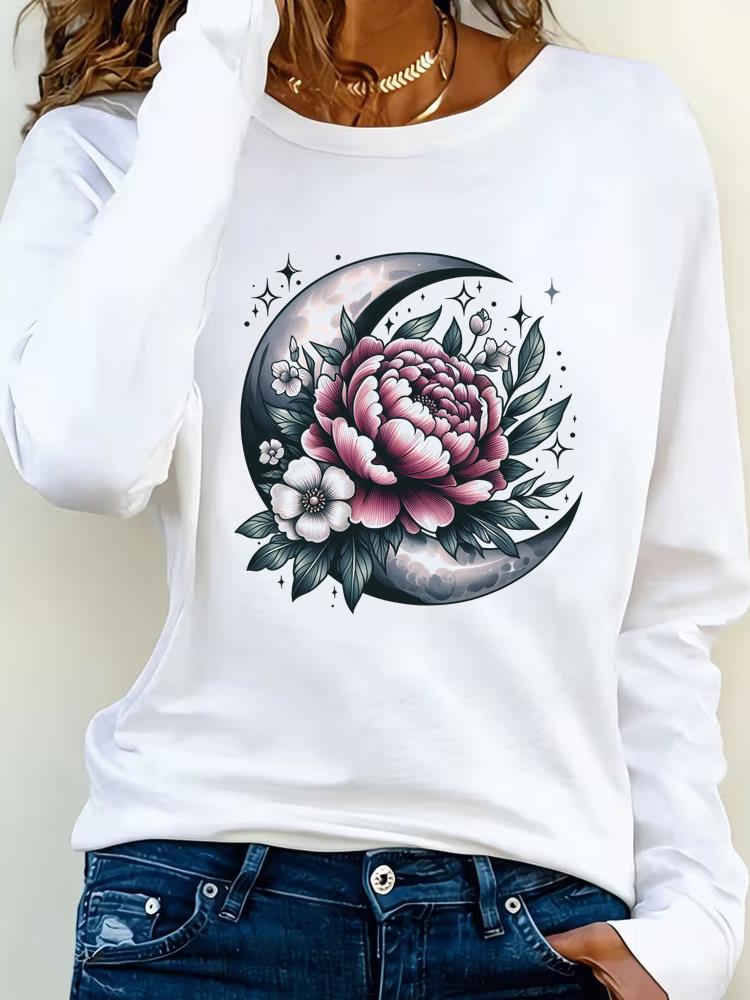 (Asian Size) Tee Lady Printed o-neck trend flower lovely Long Sleeve T Shirt Women Female Clothing Casual Fashion Top Graphic T-shirts