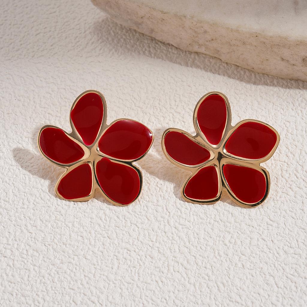 Vintage Oil Drop Flower Silver Needle Earrings Ankara Red Commuter Earrings