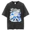 Hunter x Hunter Killua Zoldyck Thunder Grid Print Vintage Gewaschen Übergroß Anime Streetwear Damen und Herren T-Shirt