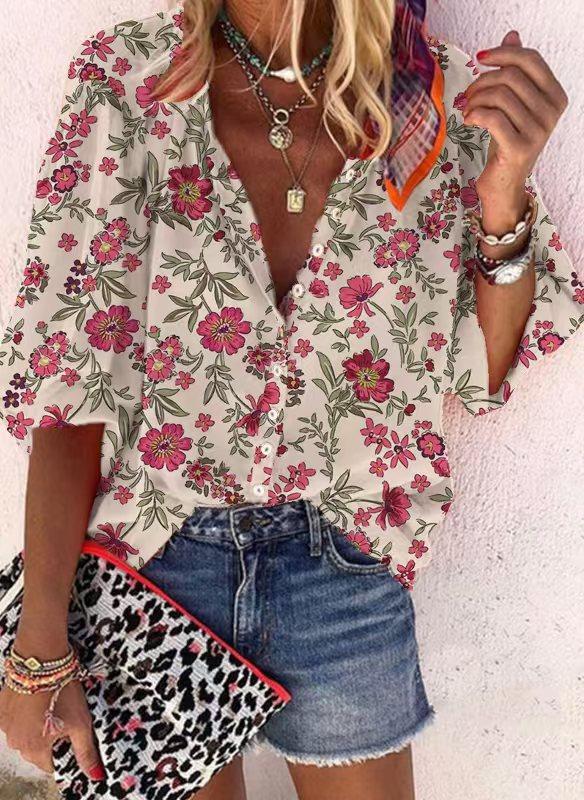 #Fashion Summer Women's Stand-Up Collar Loose Button Retro Printed Casual Shirt