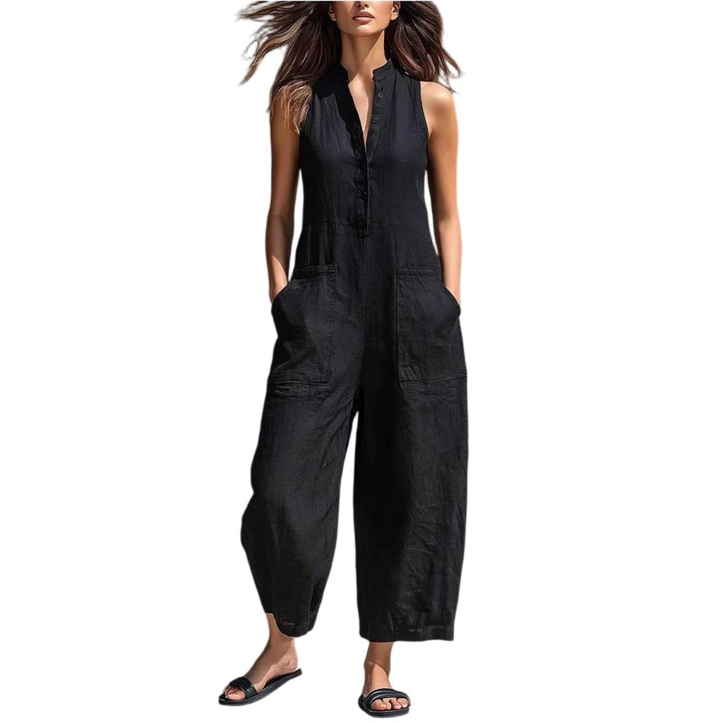 Damen Unifarbener Ärmelloser Jumpsuit mit Stehkragen, Knopfleiste vorne und Tasche, Locker geschnitten, Lässiger Romper für den täglichen Gebrauch